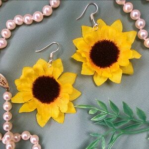 Sunflower Yellow Dangle Earrings, Fabric Flowers